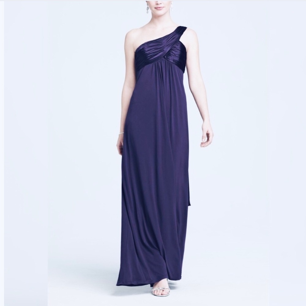 Davids Bridal Lapis Purple One Shoulder Long Jersey Cascade Back Dress Size 8